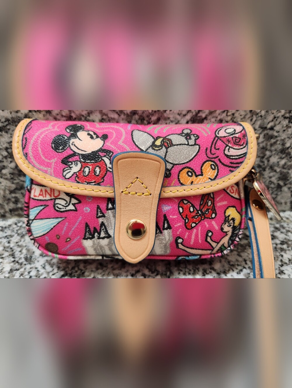 Dooney & Bourke Disney Parks Pink Wristlet Mickey Tinkerbell Dumbo Minnie Bow